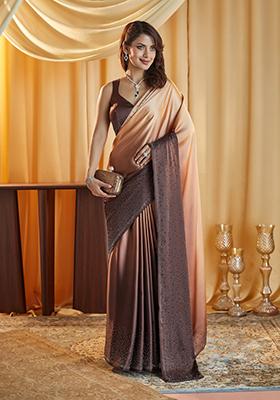 Coffee Brown Beads And Stone Satin Saree Set
