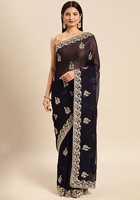 Navy Blue Embroidered Georgette Saree Set