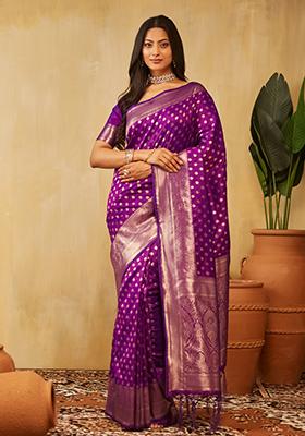 Purple Woven Silk Saree Set