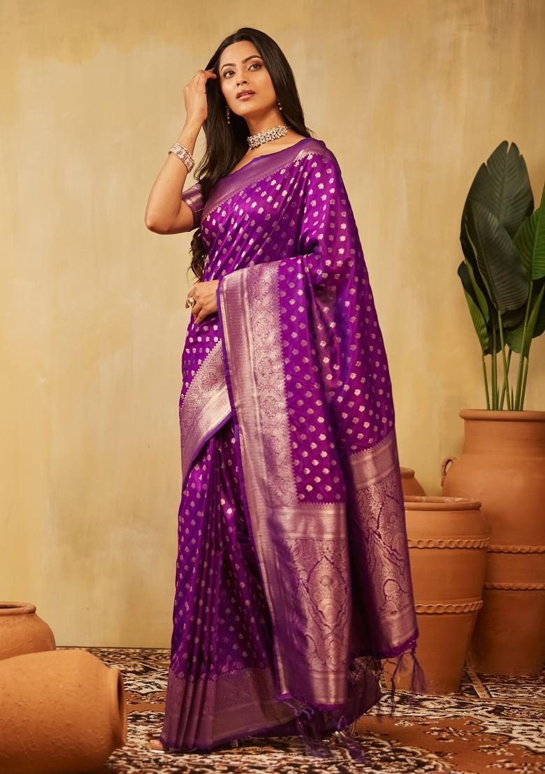 Purple Woven Silk Saree Set