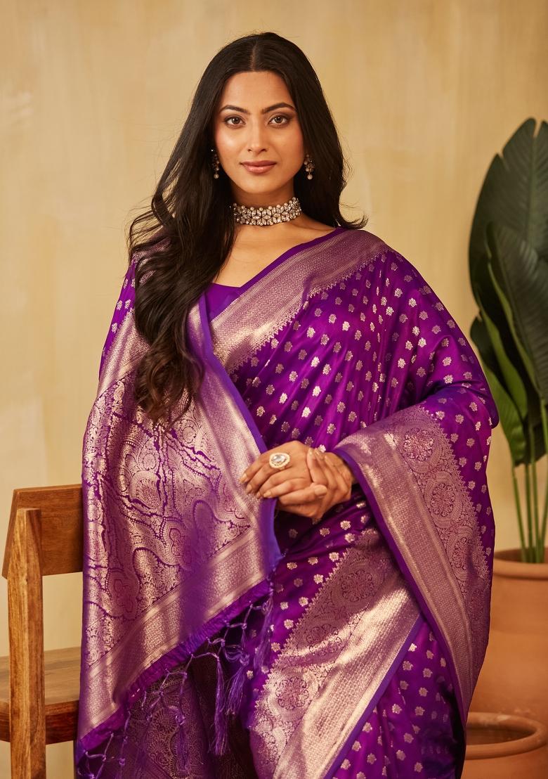 Purple Woven Silk Saree Set
