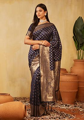 Navy Blue Woven Silk Saree Set