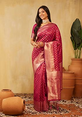 Magenta Pink Woven Silk Saree Set