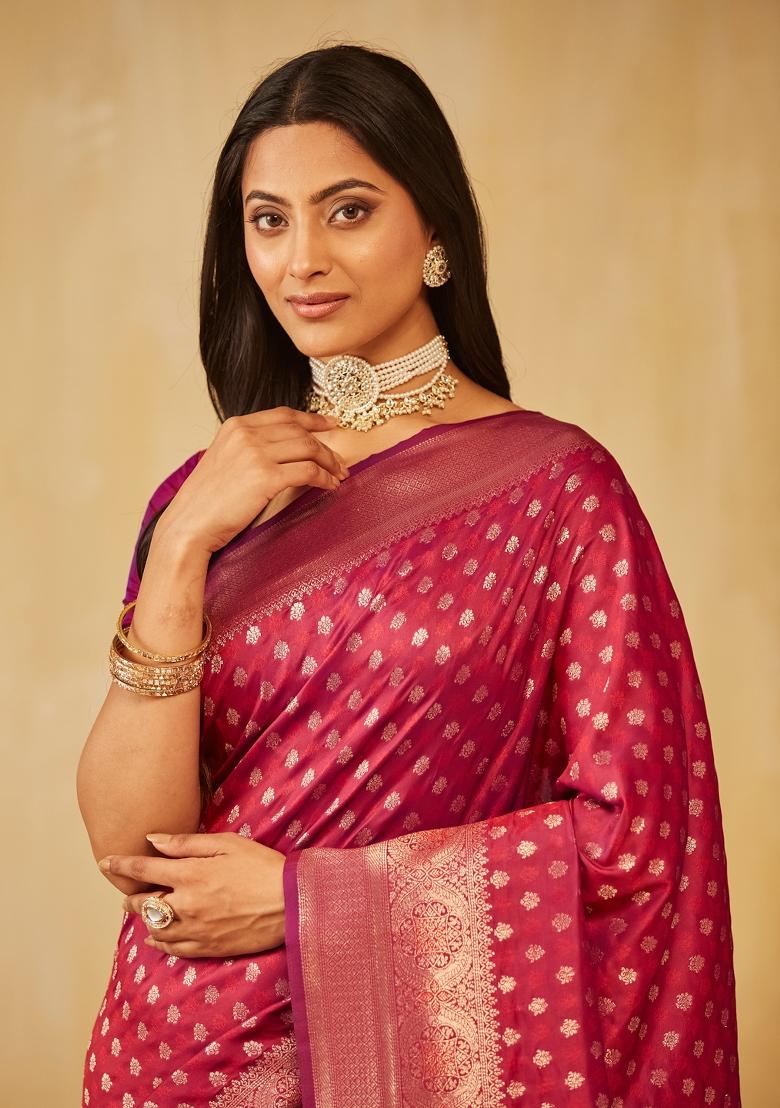 Magenta Pink Woven Silk Saree Set - Indya
