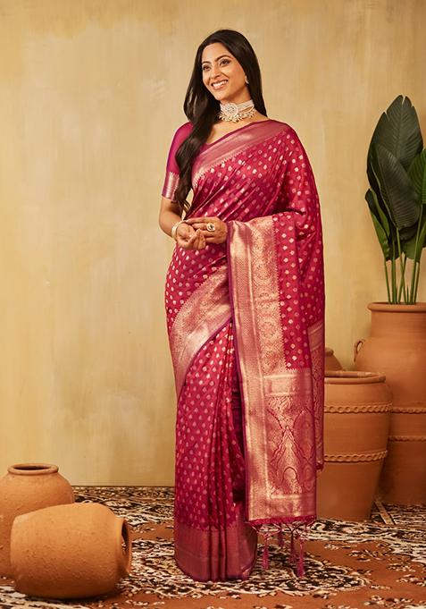 Magenta Pink Woven Silk Saree Set