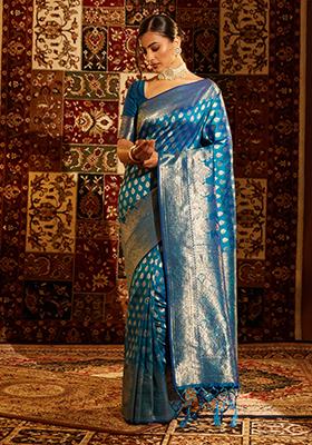 Turquoise Blue Woven Silk Saree Set