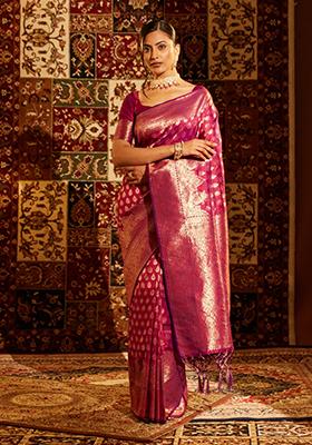 Magenta Pink Woven Silk Saree Set