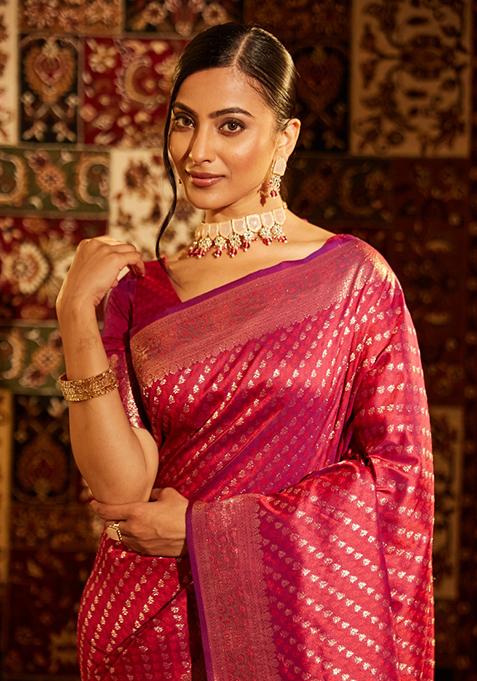 Purple Woven Silk Saree Set