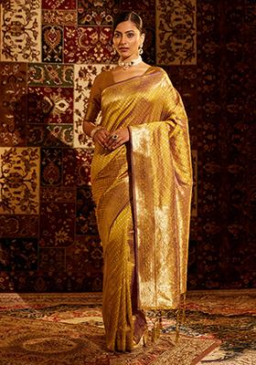Mustard Yellow Woven Silk Saree Set