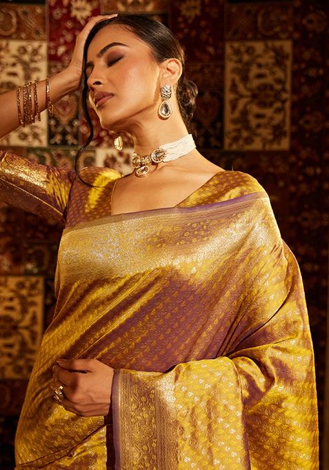 Mustard Yellow Woven Silk Saree Set