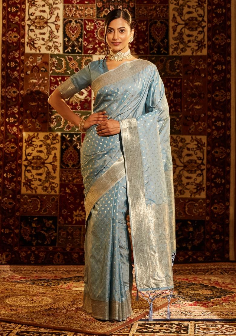 Teal Blue Woven Silk Saree Set
