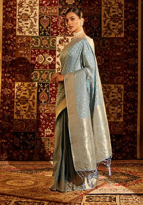 Teal Blue Woven Silk Saree Set