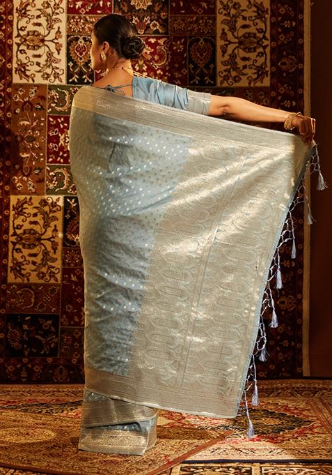 Teal Blue Woven Silk Saree Set