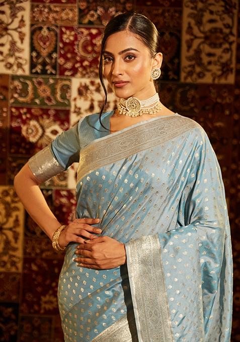 Teal Blue Woven Silk Saree Set