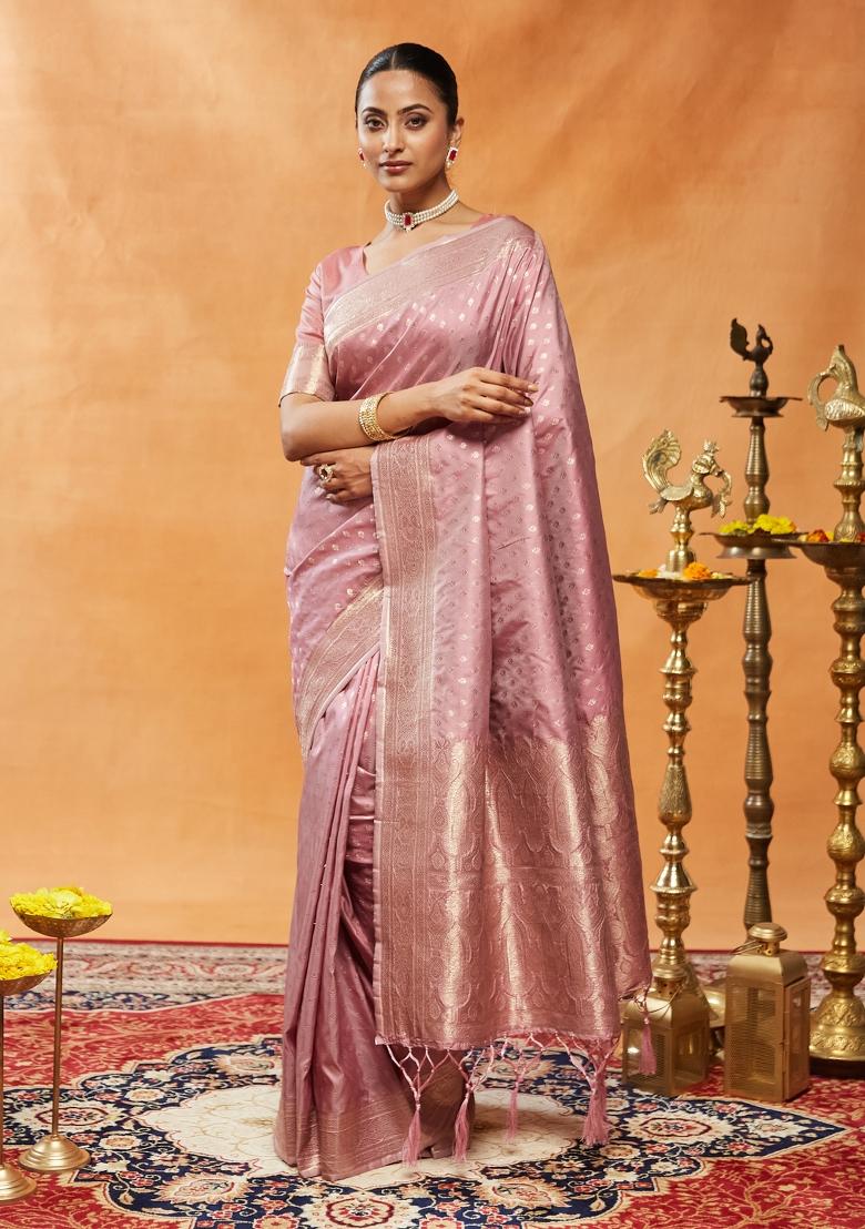 Pink Woven Silk Saree Set