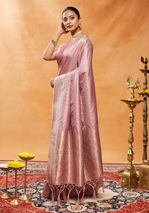 Pink Woven Silk Saree Set