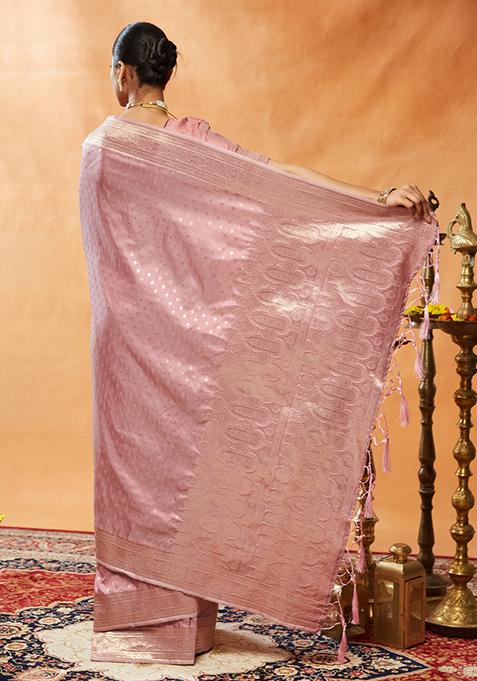 Pink Woven Silk Saree Set
