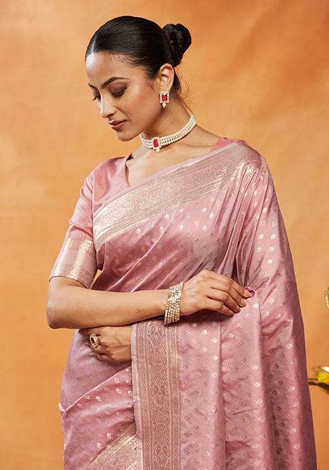 Pink Woven Silk Saree Set