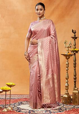 Peach Woven Silk Saree Set