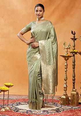 Olive Green Woven Silk Saree Set