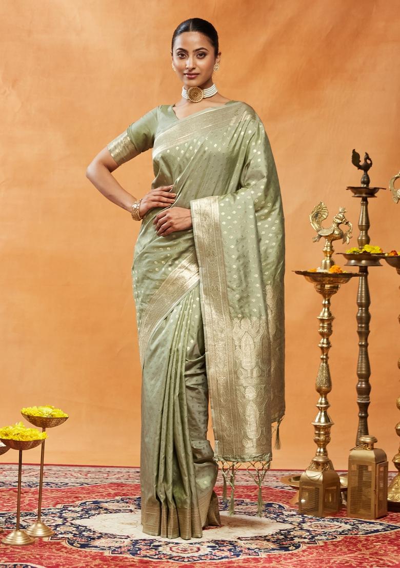 Olive Green Woven Silk Saree Set