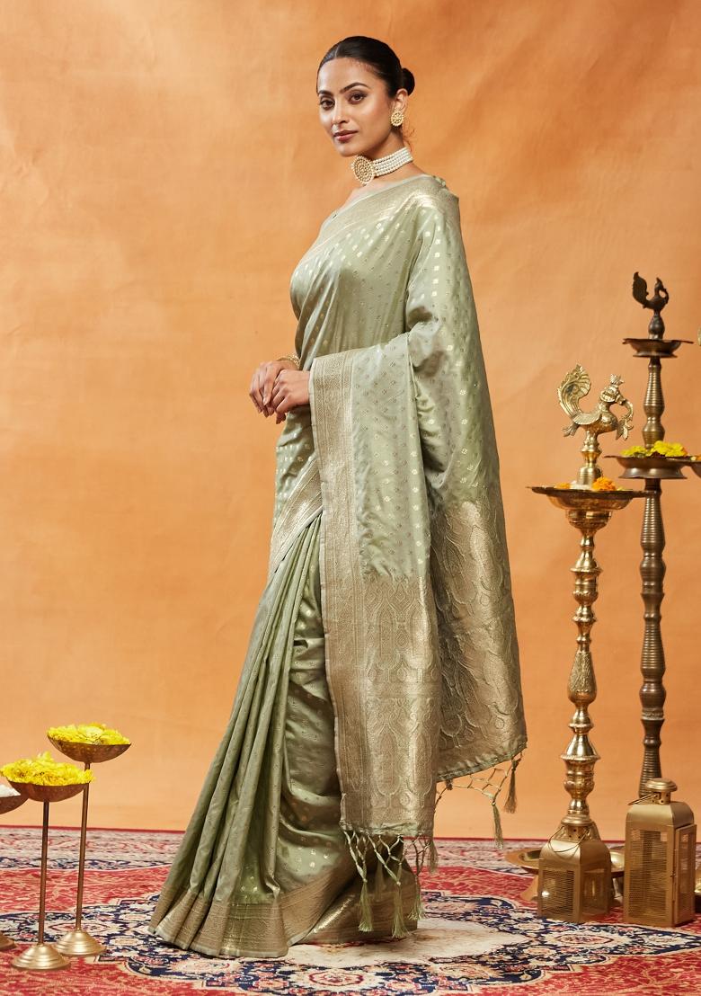 Olive Green Woven Silk Saree Set