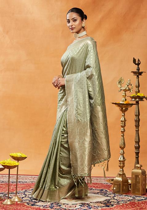 Olive Green Woven Silk Saree Set