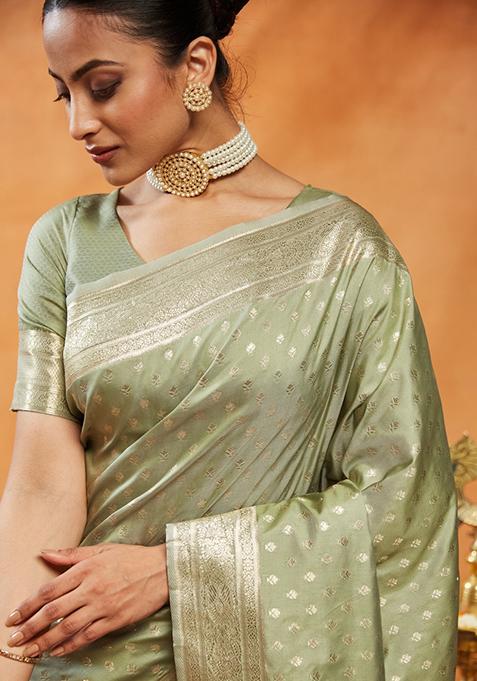 Olive Green Woven Silk Saree Set