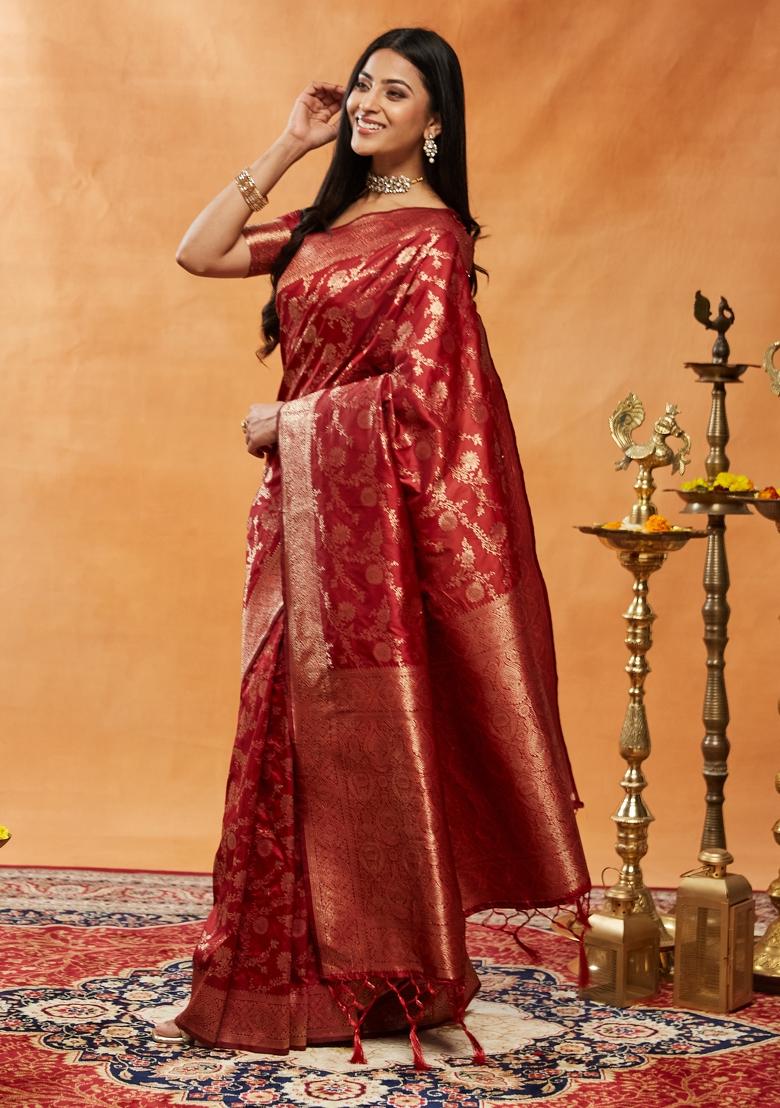 Red Woven Silk Saree Set