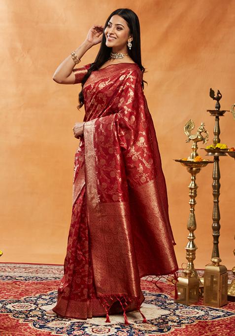 Red Woven Silk Saree Set