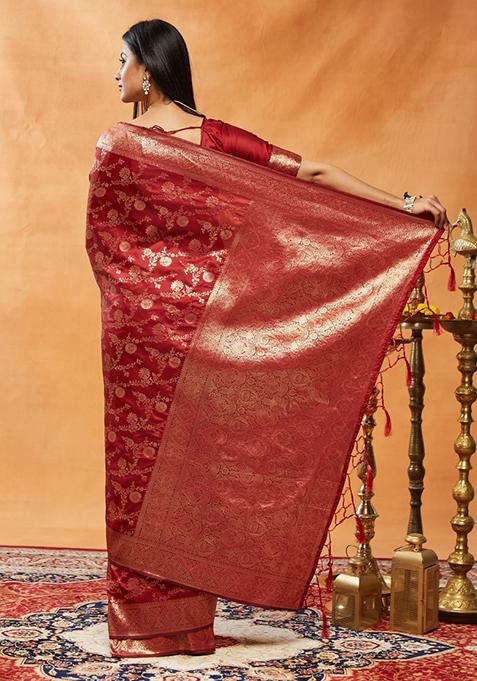 Red Woven Silk Saree Set