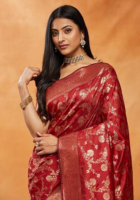 Red Woven Silk Saree Set
