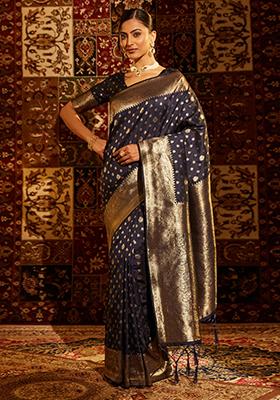 Navy Blue Woven Silk Saree Set