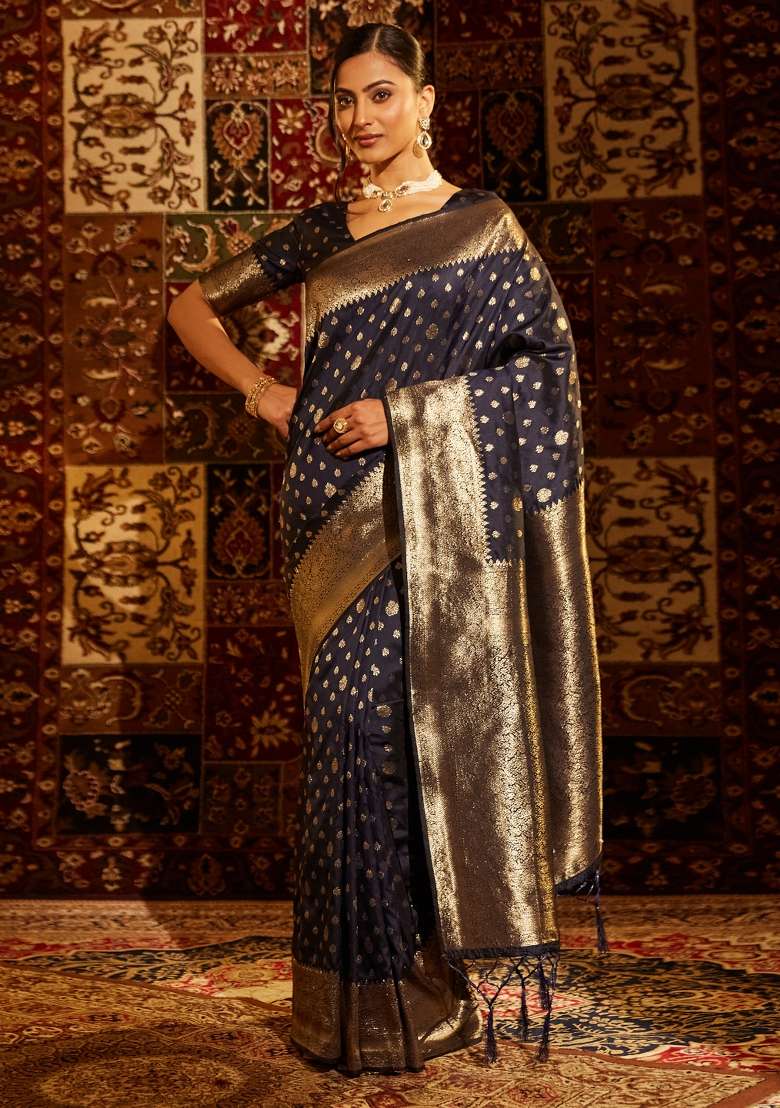 Navy Blue Woven Silk Saree Set - Indya