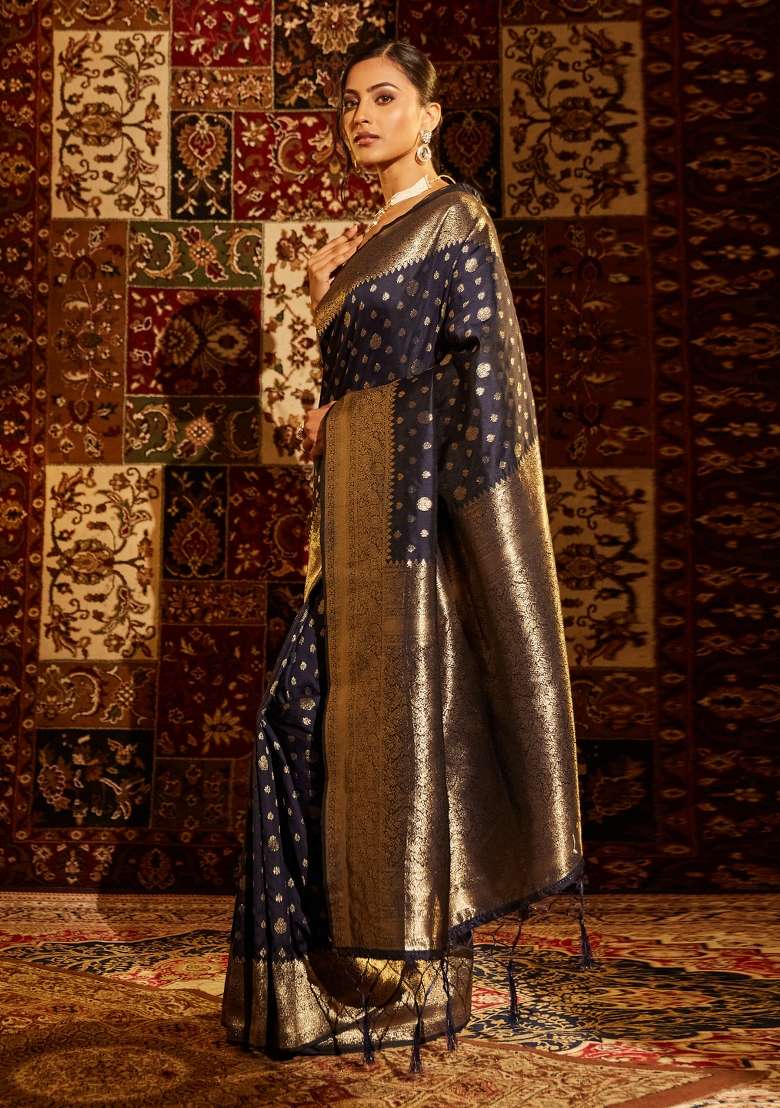 Navy Blue Woven Silk Saree Set - Indya