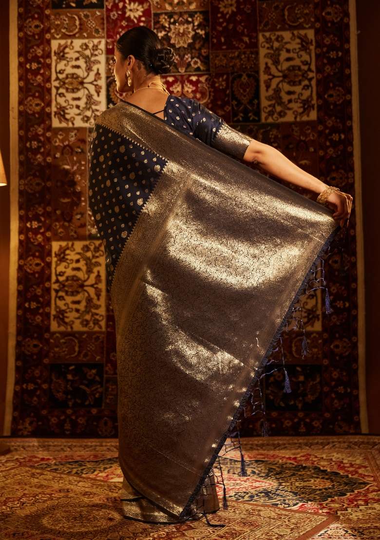 Navy Blue Woven Silk Saree Set - Indya