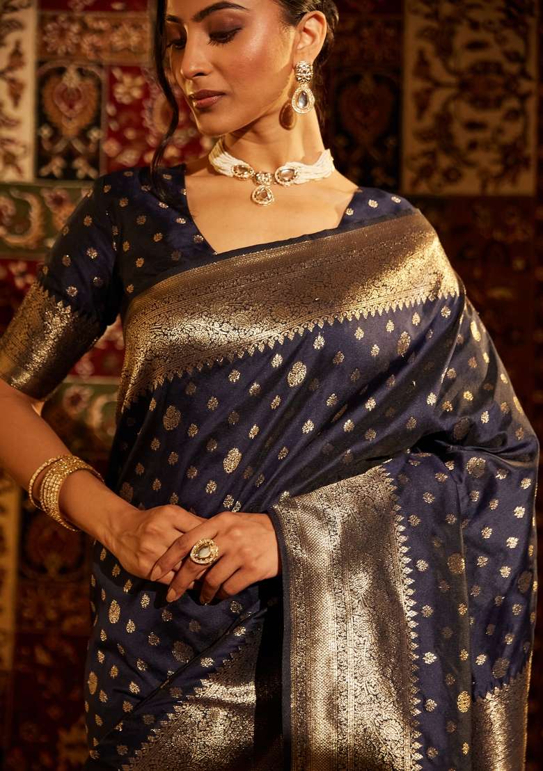 Navy Blue Woven Silk Saree Set - Indya
