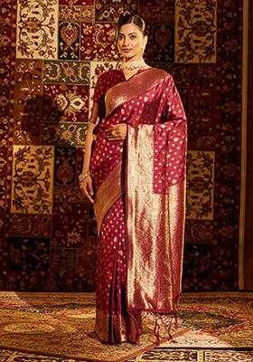 Magenta Pink Woven Silk Saree Set