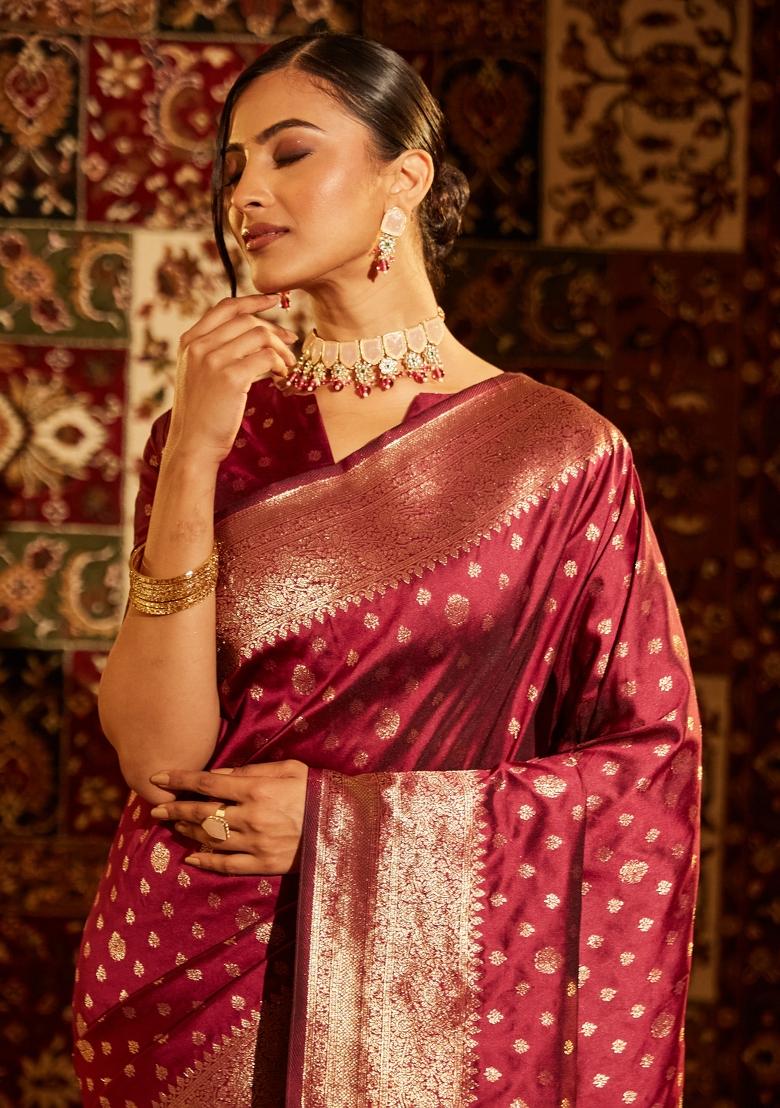 Magenta Pink Woven Silk Saree Set - Indya