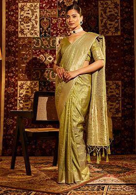 Olive Green Woven Silk Saree Set