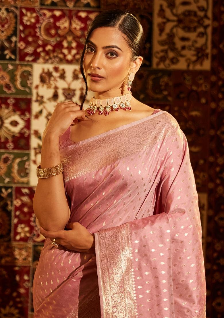 Lavender Purple Woven Silk Saree Set - Indya