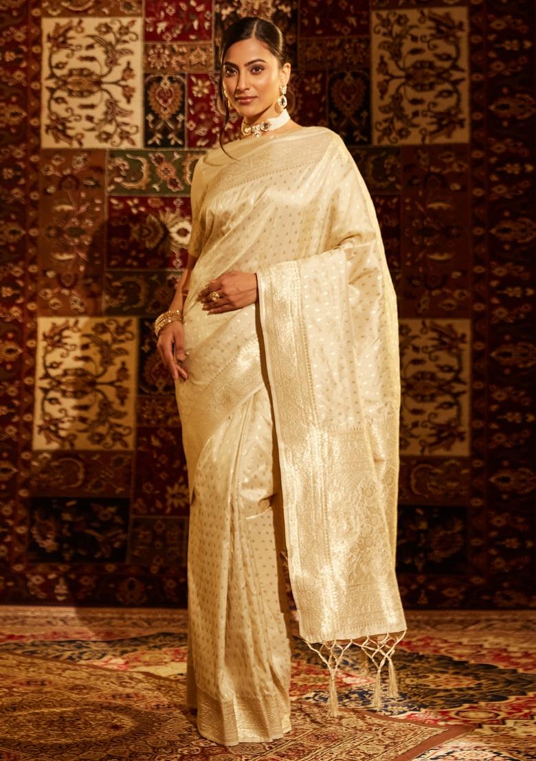 Cream Woven Silk Saree Set