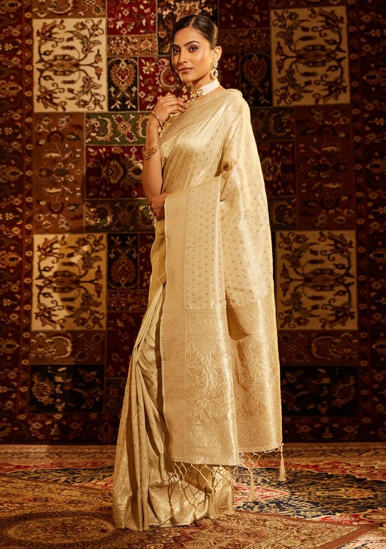 Cream Woven Silk Saree Set