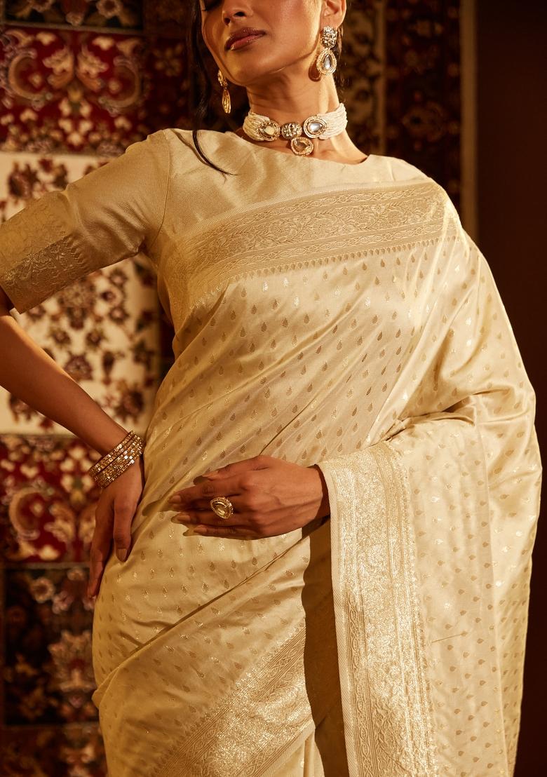 Cream Woven Silk Saree Set