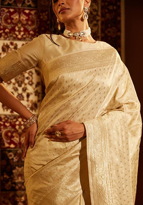 Cream Woven Silk Saree Set