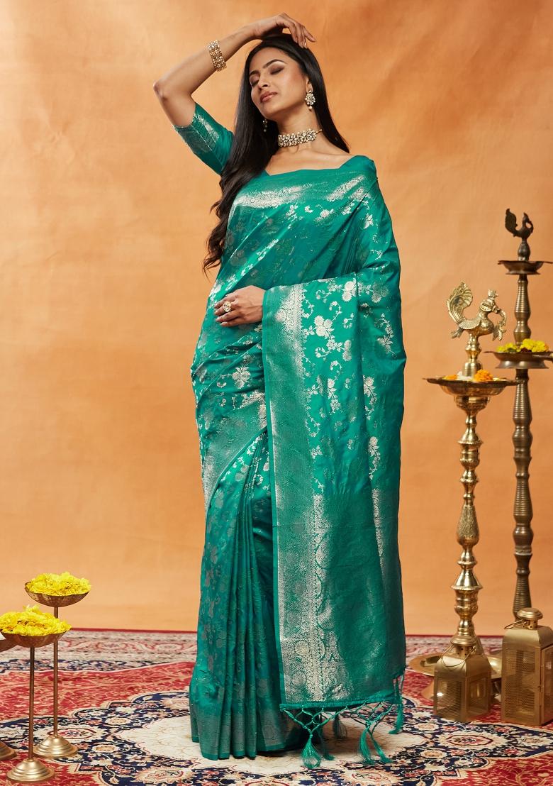 Teal Blue Woven Silk Saree Set
