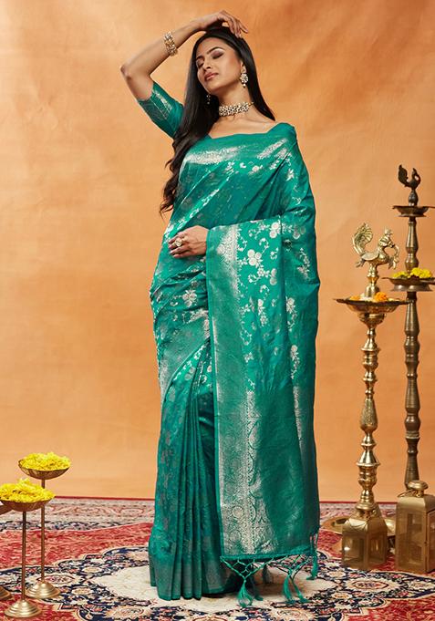 Teal Blue Woven Silk Saree Set