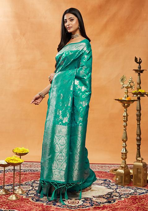 Teal Blue Woven Silk Saree Set