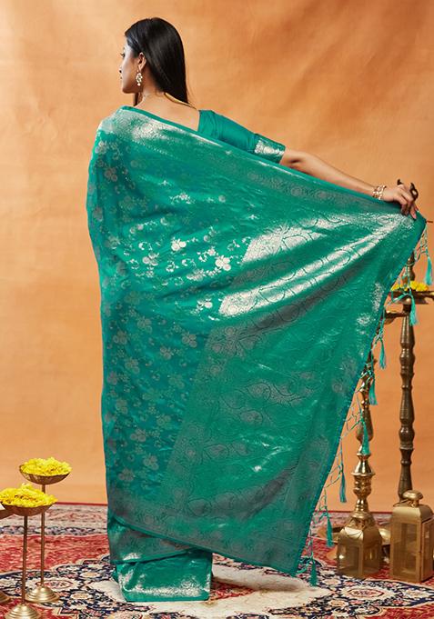 Teal Blue Woven Silk Saree Set