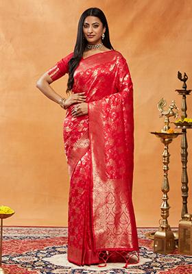 Fychsia Pink Woven Silk Saree Set